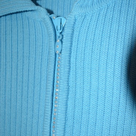 Quacker Factory Knit Blue Jacket Short Sleeves Zip-Up with Strases Women L - Picture 5 of 7